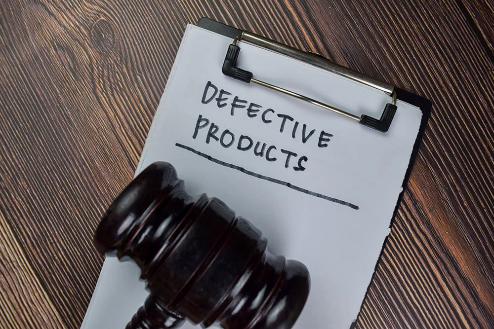 Defective Products write on a paperwork isolated on Wooden Table.